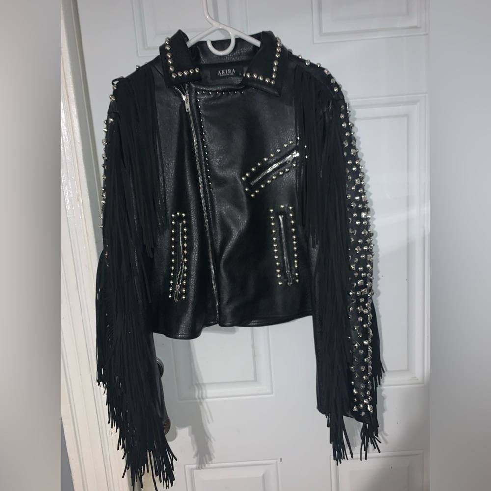 Black Fringe faux leather jacket
